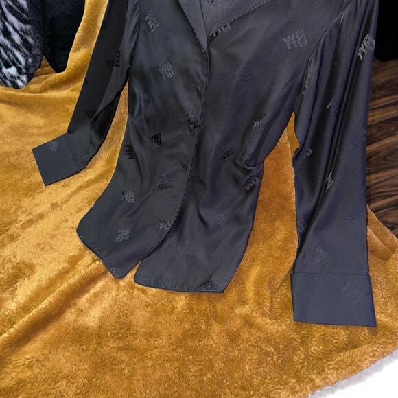 Alexander Wang Black Jacquard Logo Draped Silk Pajama Shirt - Picture 15 of 17